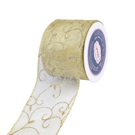 VATIN Gold Organza Sheer Ribbon with Gold Glitter Swirl Pattern Wired Ribbon and Metallic Edge,2-1/2 Inch x 10 Yards Christmas Ribbon for Tree Decoration