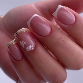 24 Pcs Mauve Press On Nails Short Square,YEFIUO Glossy Fake Nails Press ons Nail Art Tip Acrylic Nail Kit Glue on Nails Full Cover False Nail Stick on Nails with White French Flowers Design for Ma'am