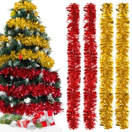 Tinsel Garland Christmas, 4 Pieces x 2 m Christmas Tree Tinsel Garland, Christmas Decoration, Artificial Christmas Garland for Mantle, Stairs, Fireplace, Christmas Decoration, 2 Red, 2 Gold