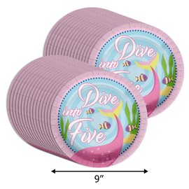 Dive into Five Mermaid Birthday Supplies - 32 Piece Girls 5th Birthday Party Supplies - Mermaid Fifth Birthday Paper Plates Large 9" Plates in Bulk