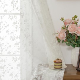 H.ebony Ivory Lace Curtains 63 Long - Cream Leaf Sheer Lace Curtains Set for Living Room/French Door, Airy Country Off White Lace Window Curtains 2 Panels, 52 x 63 Inch, Beige