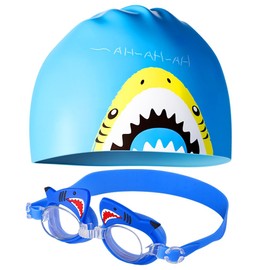 BZQCPLX Kids Swimming Cap Set,Kids Swim Cap Goggles Set,Cartoon Shark Swimming Cap,Cartoon Shark Design,Children Teens Swimming Hat for Long Hair Girls and Boys