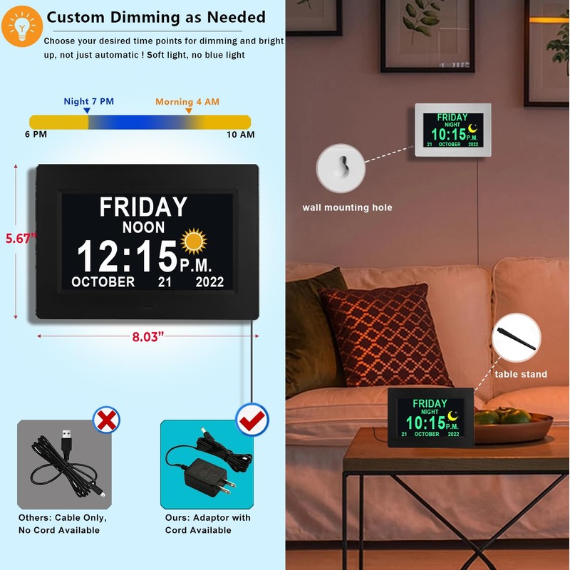 MASSII 8 Inch Large Dementia Clock 19 Alarms with Auto