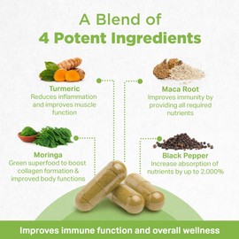 Strength & Spices Immune System Booster, Turmeric and Black Pepper Capsules with Moringa Powder, and Maca, Antioxidant-Rich Blend to Improve Immune Functions and Overall Wellness, 1000mg, 60 Capsules