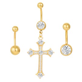 3Pcs Fake Belly Button Ring for Women - Gold Plated Hypoallergenic Non-Piercing Navel Jewelry, Realistic Belly Piercing with Silver Clear Gemstones, Premium Quality Belly Button Accessories BY-115 ﻿