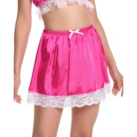 Satini Frilly Lace Sissy Ruffled Silky Satin Half Slip Petticoat Dolly Skirt (Hot Pink, XXL)