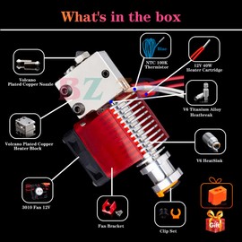 BZ 3D V6 Volcano Plated Copper Hotend 12 V Kit, Volcano Copper Heater Block, Nozzle 0.4 mm, Titanium Heatbreak, for 3D Printer Hotend. (12 V Plated Copper Kit)