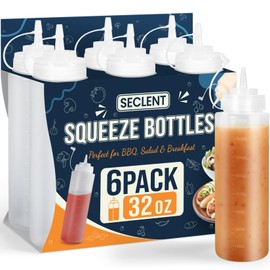 SECLENT 32 oz Condiment Squeeze Bottles, Salad Dressing Container, Ketchup and Mustard Bottles Squeeze, Sauces Bottle for Home and Kitchen, Dressing Bottle for Oil, Paint, BBQ, Honey - 6 Pack