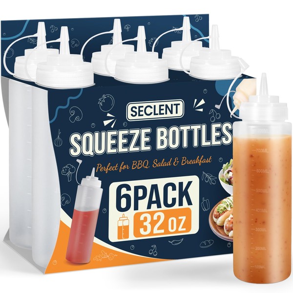 SECLENT 32 oz Condiment Squeeze Bottles, Salad Dressing Container, Ketchup