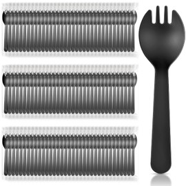 Tioncy 150 Pcs Disposable Plastic Sporks Individually Wrapped Disposable Sporks 4.5'' x 1.26'' 2 in 1 Fork and Spoon Set Disposable Serving Utensils for Dessert Restaurant Party Supply (Black)