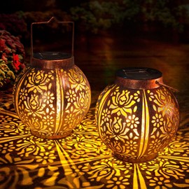 Solar Lanterns Outdoor Waterproof 2 Pack, Hanging Solar Lights for Outside Garden Decor, Decorative Moroccan Lanterns Garden Gifts for Women Mom, Yard, Patio, Porch Decorations