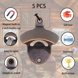 Luwanburg Old Fashioned Wall Mounted Magnetic Bottle Opener, Wooden Cooler Mounted Soda Beer Bottle Cap Opener with Magnets Built-in Antique Copper for Caddy (5 PCS)