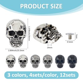 SUPERFINDINGS 12Sets 3Colors Alloy Skull Stud Rivet Skull Conchos Screw Back Leather Crafting Skull for Punk Style Clothing Accessories DIY Craft Decoration, Hole: 2.4mm