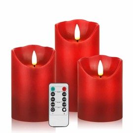 HEIOKEY 3 Pack Red Flickering Flameless Candle Set, Battery Operated Candles with 10-Key Remote Control, Electric Pillar Candle with Timer, Dancing Flames Real Wax Fake Candle for Festive Celebrations