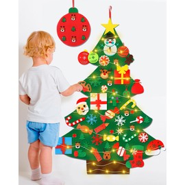GEEKEO Children's Felt Christmas Tree with Lighting, DIY Felt Christmas Tree Children Removable Ornaments, Velcro Christmas Tree Set Ideal Christmas Gifts for Children