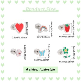 ANATTASOUL 6 Pairs CZ Stud Earrings for Girls and Women, Chip Stainless Steel Stud Earrings, Resin, Rainbow Flower, Heart, Butterfly Shape, Flat Back, Colorful Cartilage Earrings for Wedding,