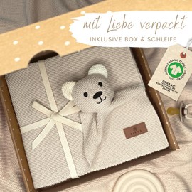 DIKOS® Original Babydecke SCHMUSE-Bär (Naturbeige) 100% GOTS Bio Baumwolle Neugeborenen Decke Mädchen/Junge Strickdecke Schmusedecke Kuscheldecke Baby Erstausstattung Babygeschenk Geschenk zur Geburt