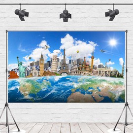 7x5ft Around The World Global Travel Photography Backdrop World Map Earth Photo Background World Famous Landmark Newyork Paris Eiffel Tower Holiday Themed Party Backdrop ZH007 ZHTAOYH