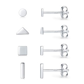 Women's Earrings 925 Silver, 4 Pairs Small Stud Earrings Set for Men and Women, Circle Square Triangle Bar Earrings, Gold Silver 925 Set, Jewellery Gift, Metal, Metal