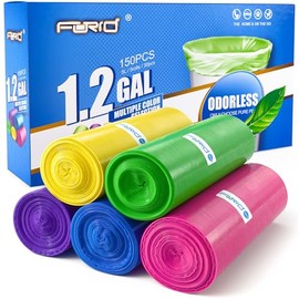 Forid - Bolsas de basura pequeñas de 1.2 galones, bolsas de basura pequeñas, 150 unidades en 5 rollos, 5 colores para baño, dormitorio, oficina, coche, cubo de basura de 5 litros
