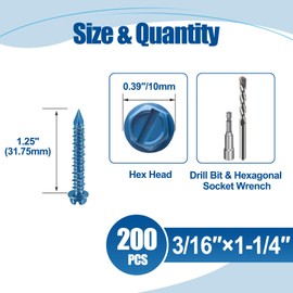 ANCHOREASE 3/16″×1-1/4″ (200PCS) Hex Head Concrete Screw Anchor with Drill Bit, Blue Screw, for Anchoring to Masonry, Block or Brick