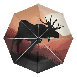 Poeticcity Black Silhouette Moose in Mountains Sun Wild Landscape Automatic Folding UPF 50+ Anti-UV Rain Umbrella, Auto Open/Close 3 Folds Sun Parasol Canopy Windproof Compact Travel Umbrella