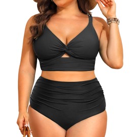 Plus Size Two Piece Swimsuits - Women High Waisted Bikini Tummy Control Bathing Suits Knot Twist Swimwear 2025 Black XL