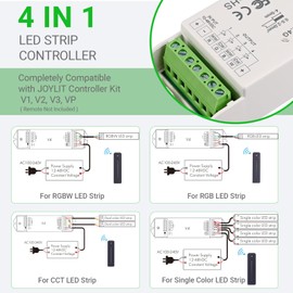 JOYLIT LED Strip Controller 12-48V 4-Pin 5A/CH 4-in-1, 2.4G PWM Dimmable Colour Changing RGB RGBW CCT Plain Light Strip Controller, Compatible with V1 V2 V3 VP T1 T2 T3 T4 (without Remote Control)