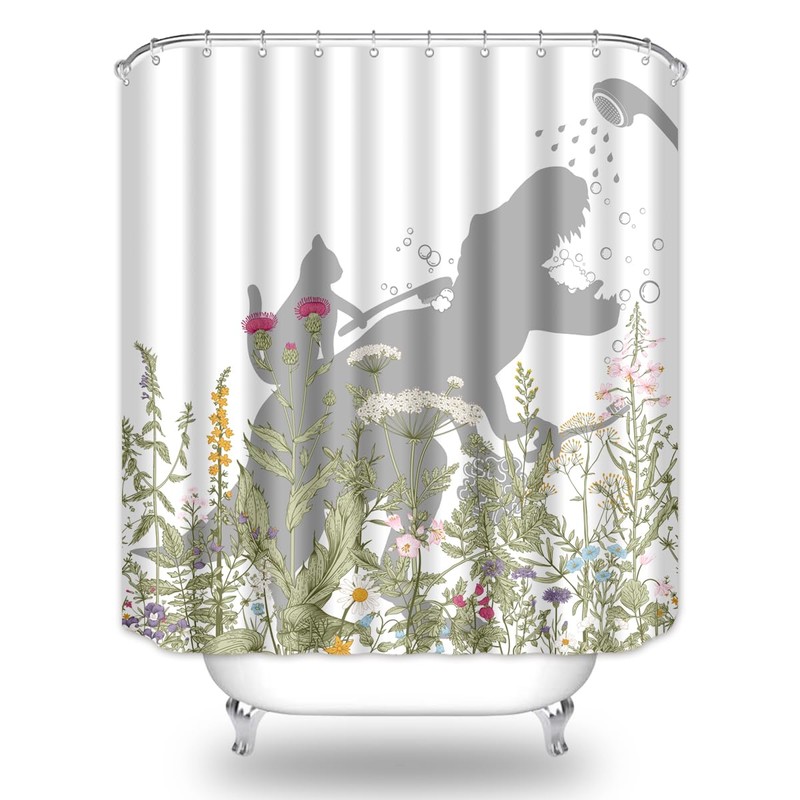 BIYSUC Cat Dinosaur Shower Curtain Funny Cat Help Dino Bathe