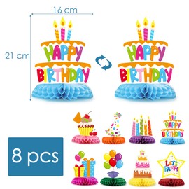 GEBETTER Pack of 8 Birthday Party Table Decoration Honeycomb Centrepiece Table Decoration Accessories Happy Birthday Decoration for Boys Girls Children's Birthday Table Toppers Decoration