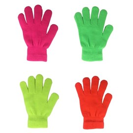 Magic Thermal Kids Gloves - Stretchy, Warm Neon Green, Yellow, Pink, Orange - Boys & Girls Knit Gloves - Black, 7-12 Years (2 Pairs - Neon Pink)