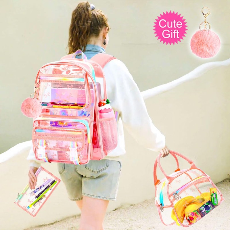 KLFVB 3PCS Clear Bookbag for Girls Heavy Duty, See Through