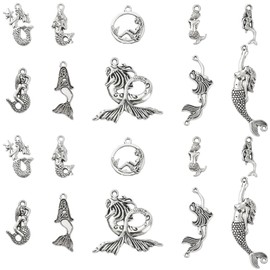 Ornazy 100 pcs 10 Styles Tibetan Ocean Sealife Mermaid Pendant Charms Tibetan Silver Little Priness Mermaid Charms for DIY Jewellery Making Findings