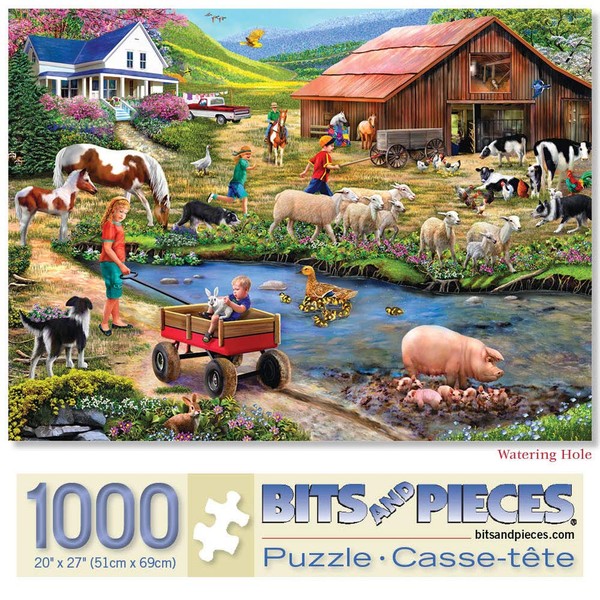Bits and Pieces - 1000 Piece Jigsaw Puzzle for Adults 20" x 27"  - Watering Hole - 1000 pc Farm Animals, Barn Jigsaw by Artist Mary Thompson