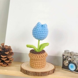 Lutoku Cute Knitted Flower Plant, Kawaii Handmade Crochet Flowers,Small Potted Artificial Flower Plants, Desk Home Car Dashboard Decorations (Tulip-Blue)