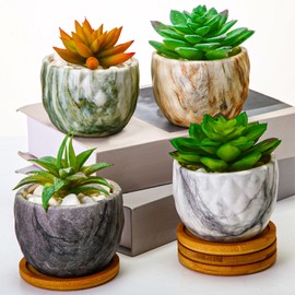 Ziliny Marbling Ceramic Flower Pot 3.35 Inch Succulent Pots Small Plant Pots Ceramic Cactus Plant Pots Flower Herbs Planter Pot with Drainage Hole Matte Round Container (4 Pcs,Modern Style)