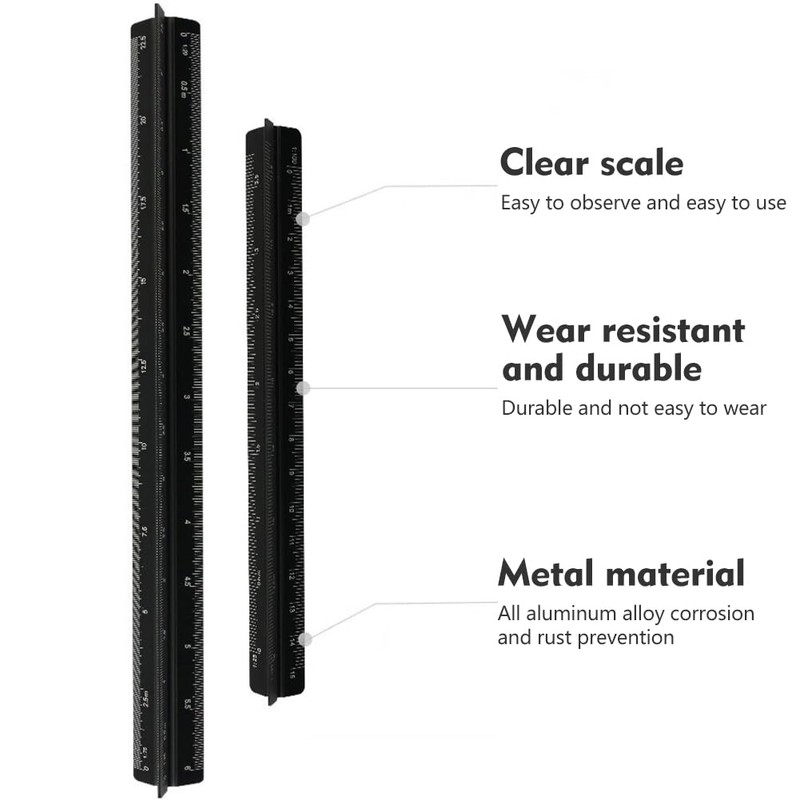 Aluminum Architectural Scale Ruler, Drafting Ruler, Precision 12" Triangular Drafting