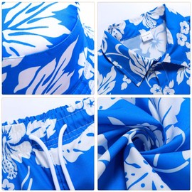 SERTAS Hawaii Men's Shirt Festival Outfit Set of 3, Hawaiian Shirt Floral Pattern and Shorts and Fishing Hat, blue, M