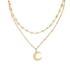 MILAKOO 2Pcs Layered Gold Necklace for Women Dainty Moon Pendant, Star & Love Heart Shape Chains Ball Bead Link Necklace