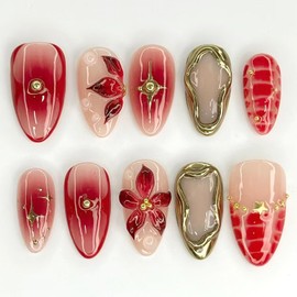 24pcs Smudging Hand-painted 3D Flower Press On Nails Medium Almond Fake Nails with Wine-red French Style Handmade False Nails Tips with Flowers Design Cute Stick on Nails Sets for Woman