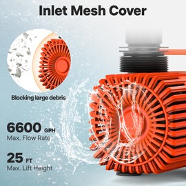 DOKO Submersible Water Pump, 6600GPH Pond Pump with 20FT Power Cord and 26 FT Lift Heigh,500W Ultra Quiet Fountain Water Pump for Pond, Aquarium, Waterfall, Fish Tank, Hydroponic, Orange Black