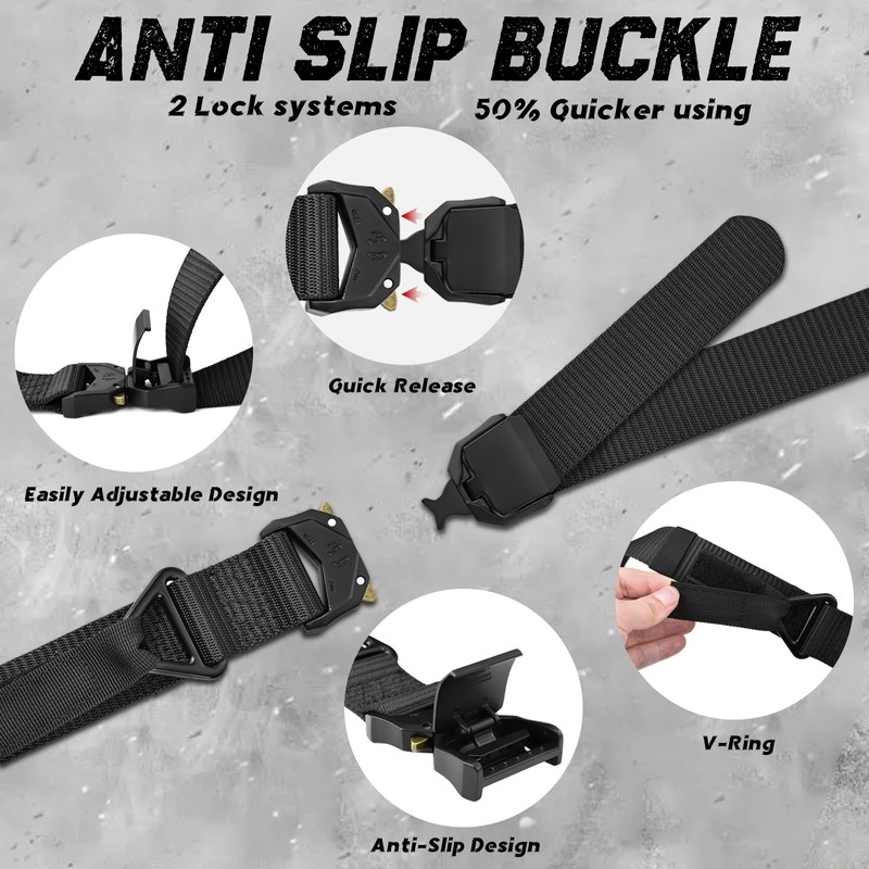 MOZETO Tactical Belt, Heavy-Duty Nylon Web Belt with Quick-Release V-Ring
