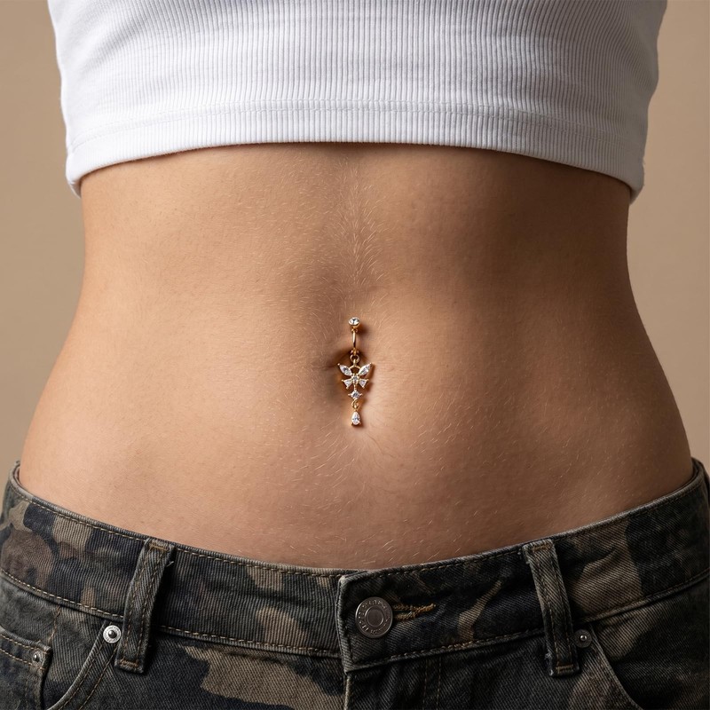 Josojoou 5PCS Fake Belly Button Piercing with Contains Zircon, Gold