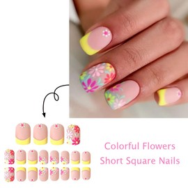 Yellow French Tips Press on Nails Short Square Glue on Nails with Pink Flower Design White Daisy False Nails Spring Fake Nails Cute Reusable Summer Stick on Nails for Women Girls Manicure 24Pcs