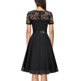 MISSMAY Women's Vintage V-Neck Floral Lace Contrast Chiffon Prom Party Dress (Large, Black)
