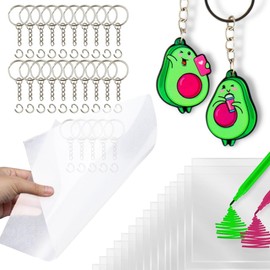 Heat Shrink Plastic Sheet Kit –Heat Shrink Plastic Sheet Keychain Kit Include 50 Sheets and 25 Key Rings with Chain Shrink Plastic Paper for Kids Creative Craft Shrink Plastic Sheets for DIY Projects