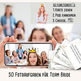 Photo Game JGA by snaPmee, Funny, Non Embarrassing Game for Stag Party Women, 50 Photo Tasks + 4 Blank Cards for Bride & Team Bride, Gift for Selfie & Photo Fans