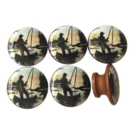 Twisted R Design Set of 6 Fishing Wood Cabinet Knobs Cabin Man Cave Decor, Fishing Hunting Cabin