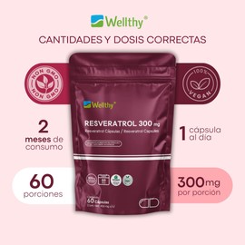 Wellthy Pure Resveratrol 60 Cápsulas. 300mg por Porción, 60 Porciones por Envase, VCaps Cápsulas Veganas, Bottle Free