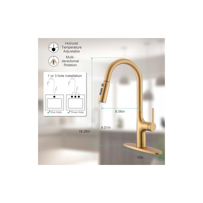Brushed Gold Kitchen Faucet, Single Handle Gold Kitchen Sink Faucet